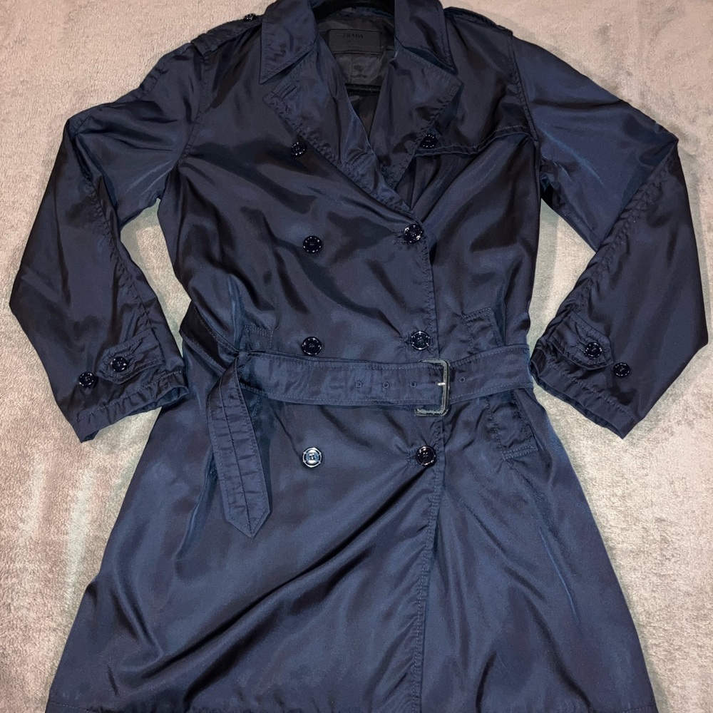 Prada Deep Blue Nylon Trench Coat, Large, EUC